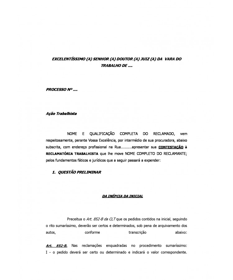 Contestação da Reclamada à Reclamatória Trabalhista. Negativa de Vinculo Empregatício.