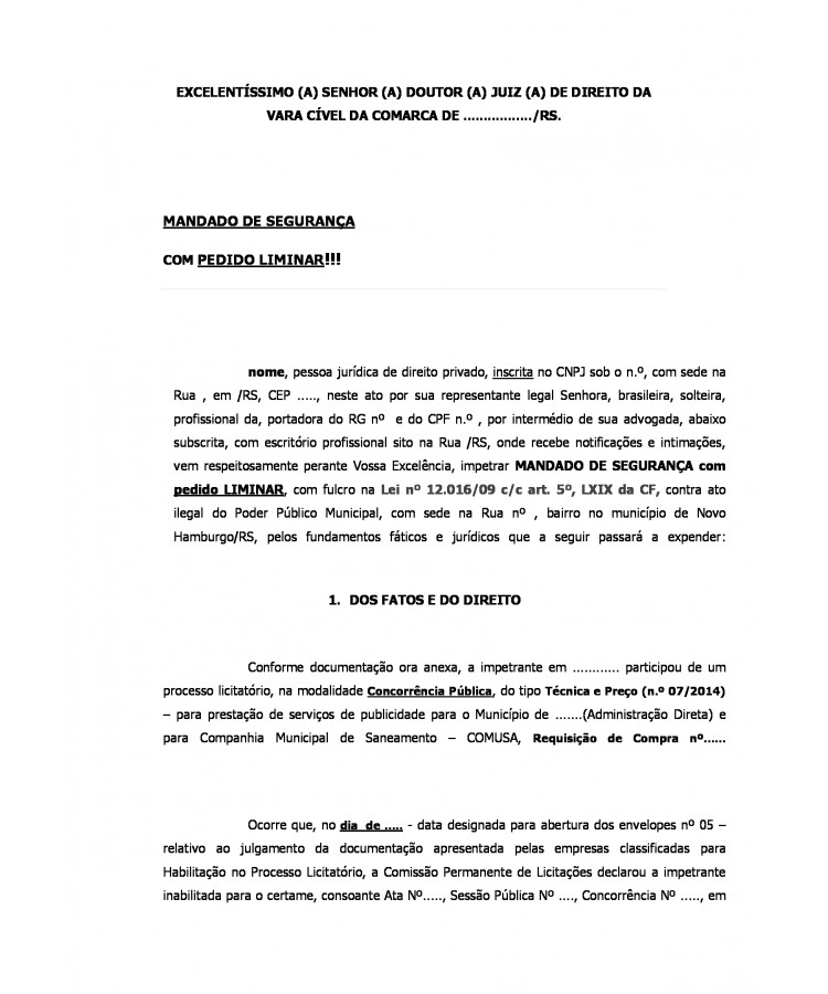Inicial. Mandado de Segurança. Licitação.