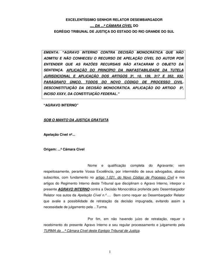 Agravo Interno contra Decisão Monocrática que não admitiu o Recurso de Apelação Cível do Autor por Não Atacar a Sentença.