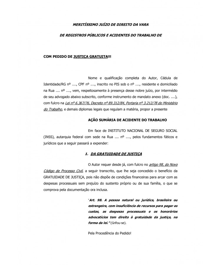 Inicial. Ação Sumária. Acidente do Trabalho.