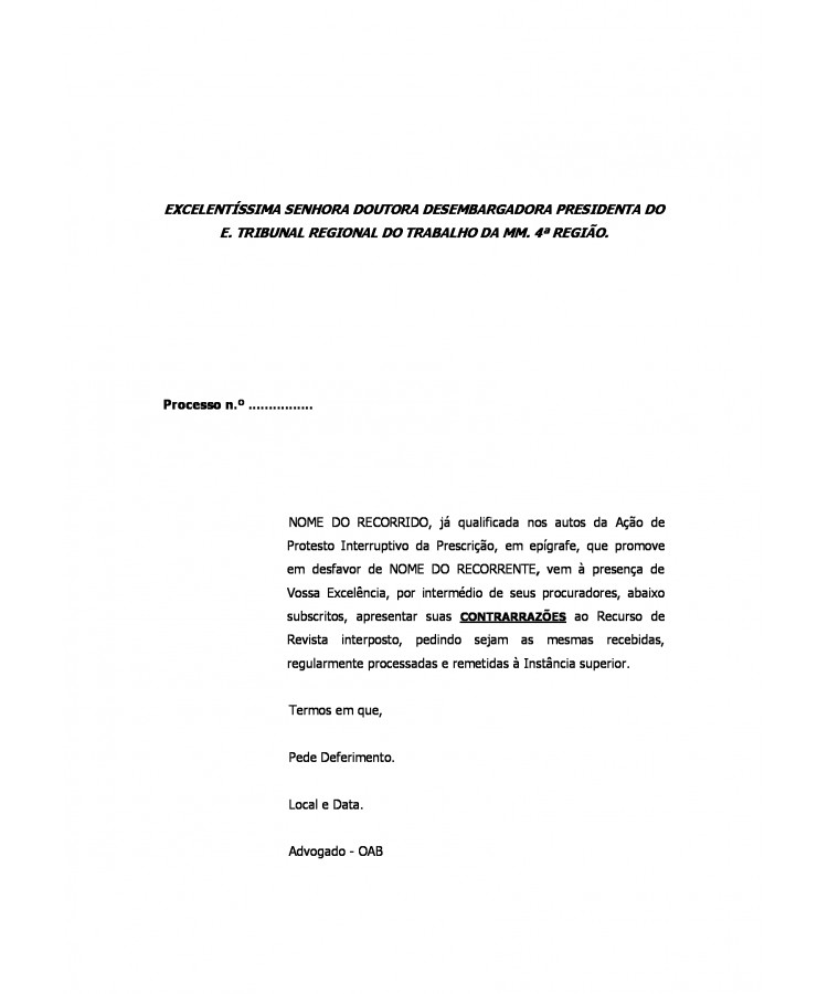 Contrarrazões à Recurso de Revista da Reclamada em ação de Protesto Interruptivo da Prescrição.