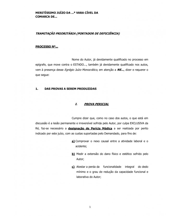Petição manifestação sobre Produção de Provas. Acidente de Trabalho. Amputação de Dedo no Presídio. Responsabilidade Civil Objetiva do Estado.