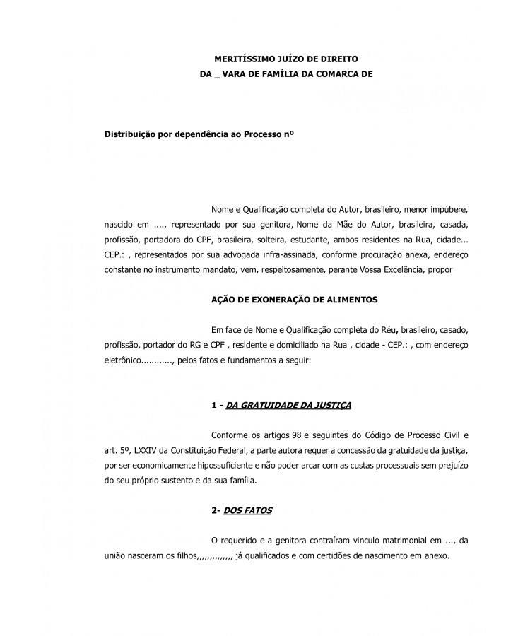 Inicial. Ação de Exoneração de Alimentos.