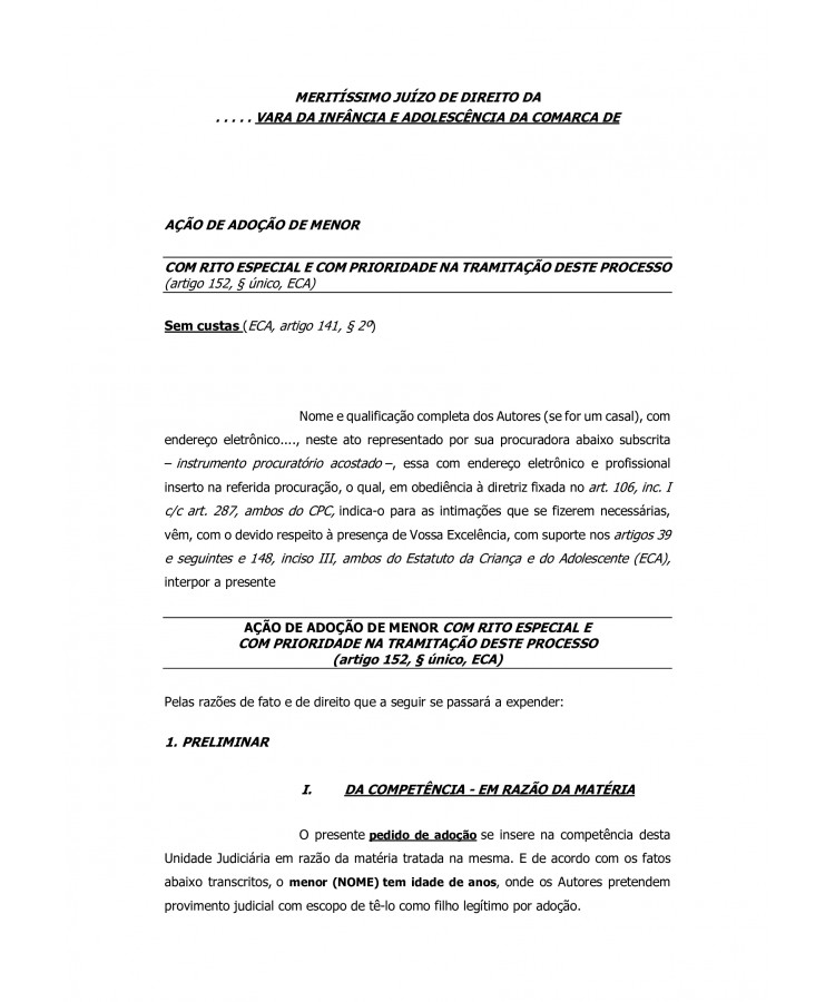 Inicial. Ação de Adoção de Menor.