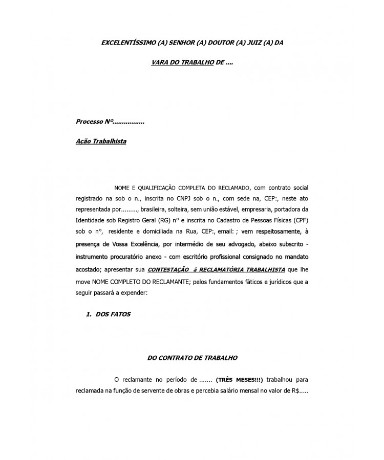 Contestação da Reclamada. Servente de Obras.