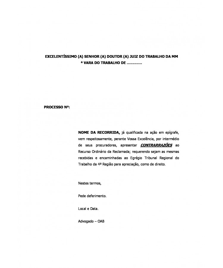Contrarrazões à Recurso Ordinário da Reclamada.