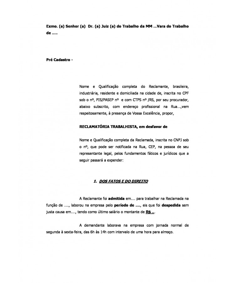 Inicial. Reclamatória Trabalhista. Adicional de Insalubridade.