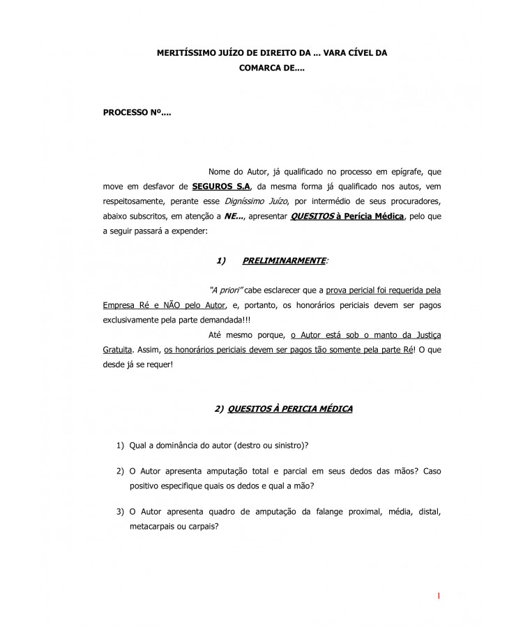 Quesitos para Perícia Médica. Amputação de Dedo da Mão. Perda ou Redução da capacidade laboral.