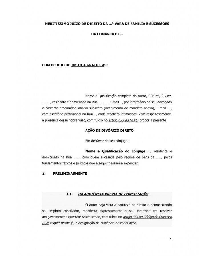 Inicial. Ação de Divórcio Direto.