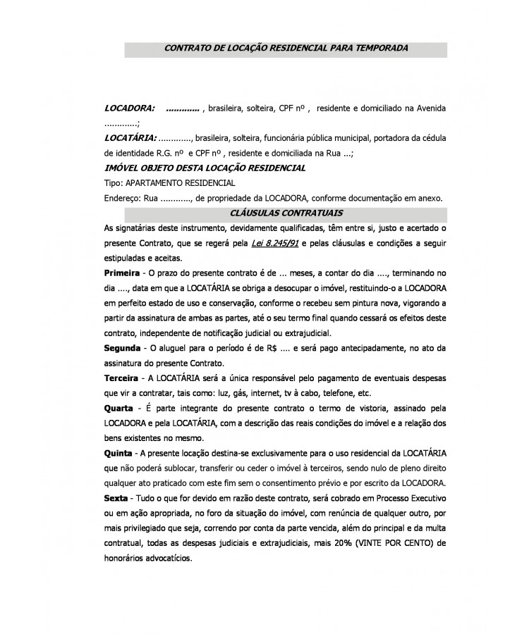 Contrato de Locação Residencial por Temporada. Apartamento Mobiliado.
