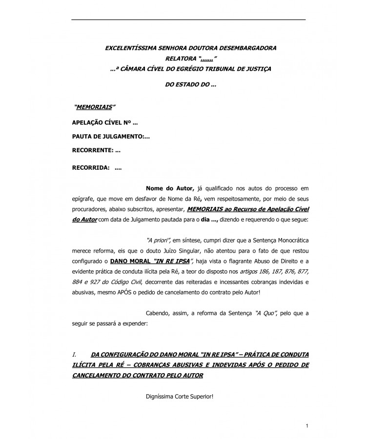 Memoriais para julgamento de Apelação Cível no Tribunal de Justiça. Dano Moral.