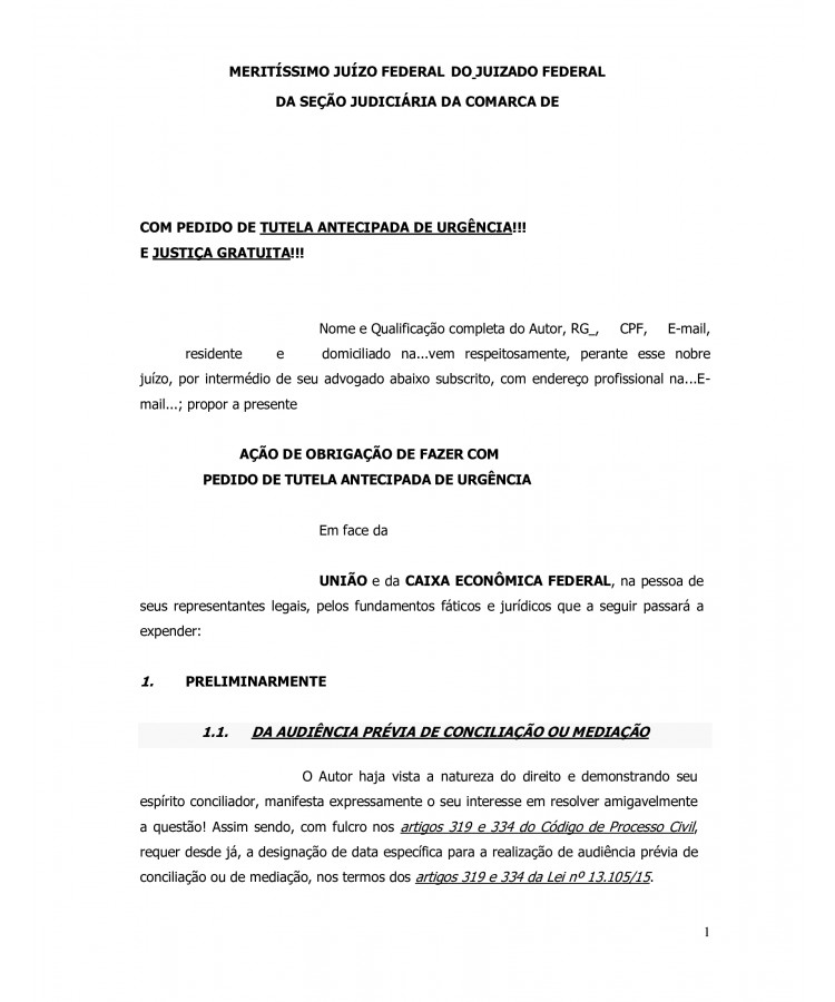 Inicial a o de obriga o de fazer contra a uni o federal para