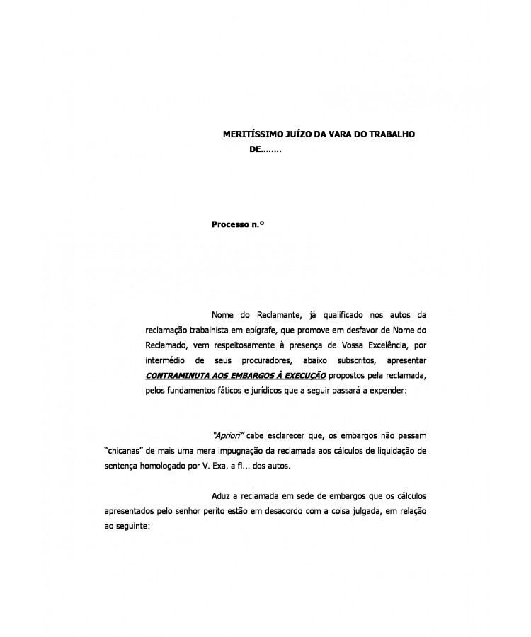 Contraminuta aos Embargos à Execução da Reclamada.