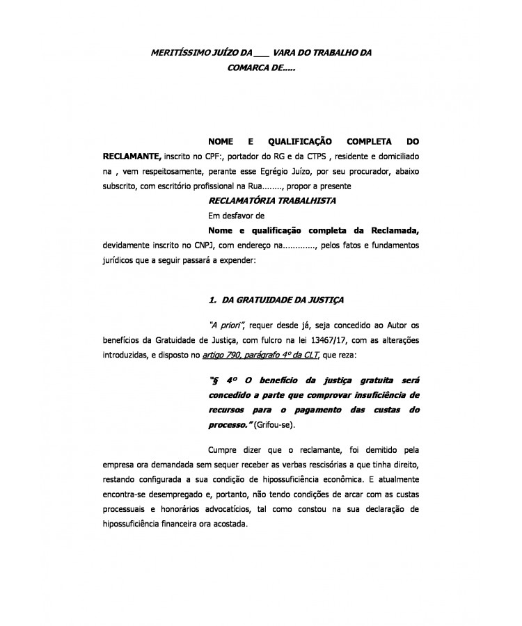 Inicial. Reclamatória Trabalhista do Reclamante. Equiparação Salarial. Desvio de Função. Periculosidade. Insalubridade. Verbas Rescisórias.