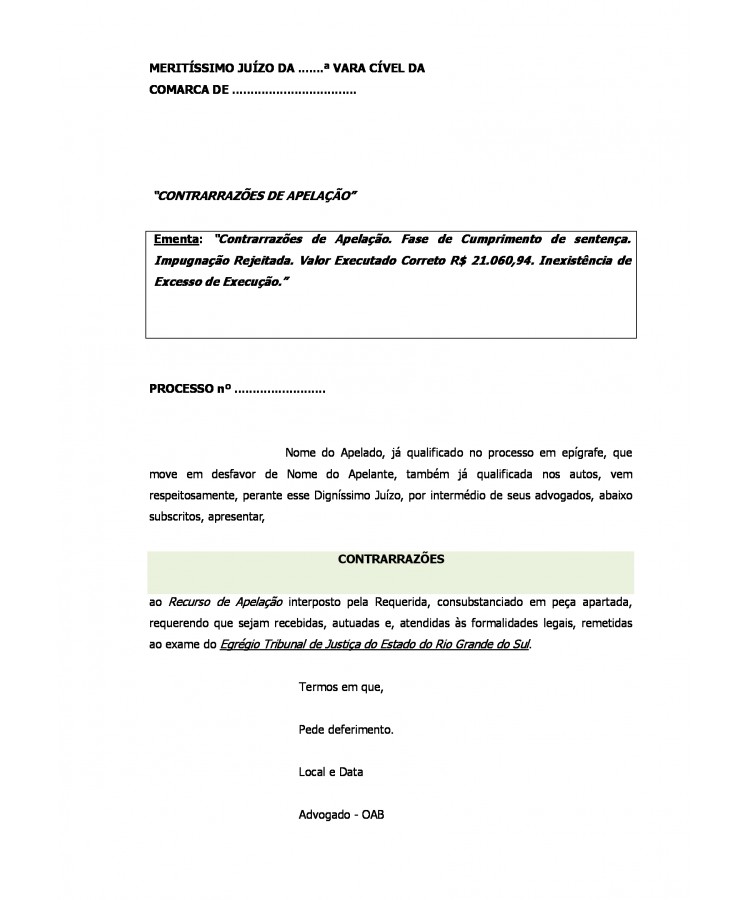 Contrarrazões à Recurso de Apelação na Fase de Cumprimento de Sentença. Impugnação julgada Improcedente.