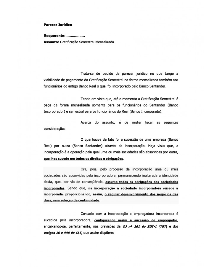 Parecer Jurídico. Gratificação Semestral Mensalizada. Sucessão de Empregador.