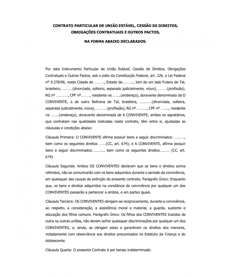 Contrato Particular de União Estável, Cessão de Direitos, Obrigações Contratuais e outros pactos.