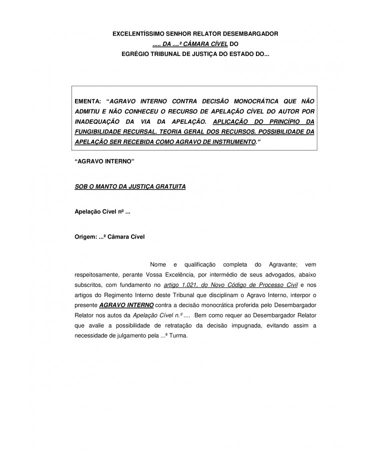 Agravo Interno contra Decisão Monocrática que não admitiu o Recurso de Apelação contra Decisão proferida na Fase de Cumprimento de Sentença.