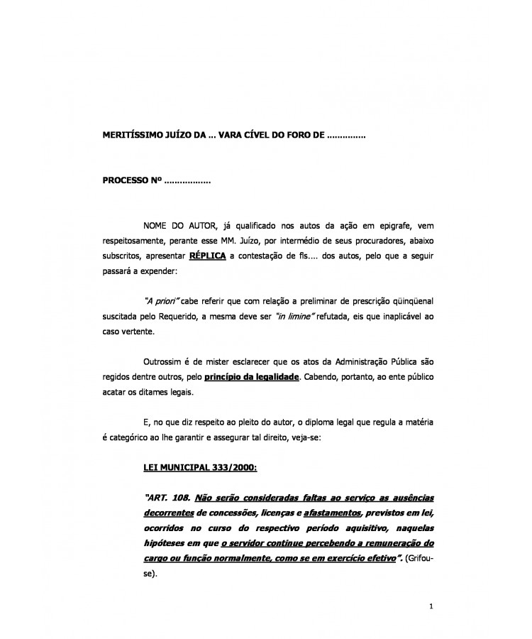 Réplica à Contestação. Servidor Público. Cobrança de 1/3 sobre as férias.