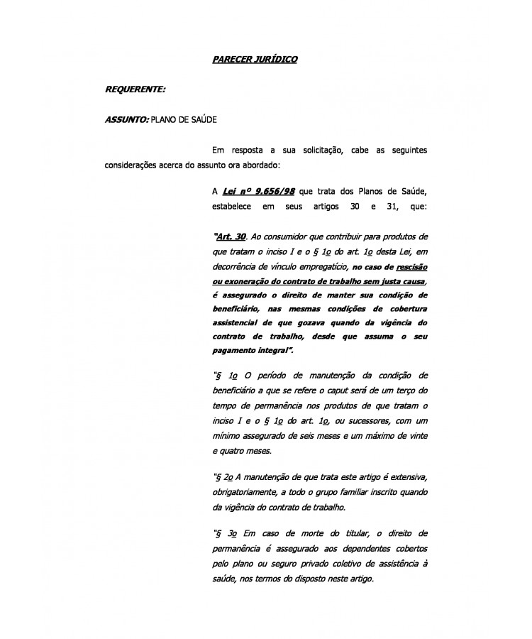 Parecer Jurídico. Manutenção do Plano de Saúde após Aposentadoria.