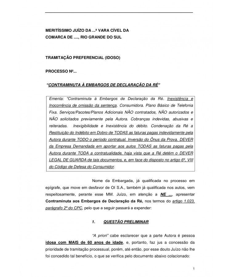 Contraminuta à Embargos de Declaração.Empresa de Telefonia. Ônus da Ré de juntada das Faturas.Impossibilidade de delimitar o Indébito as faturas dos autos.