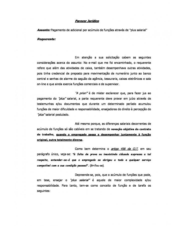 Parecer Jurídico. Pagamento de Adicional por Acúmulo de Funções. Plus Salarial.