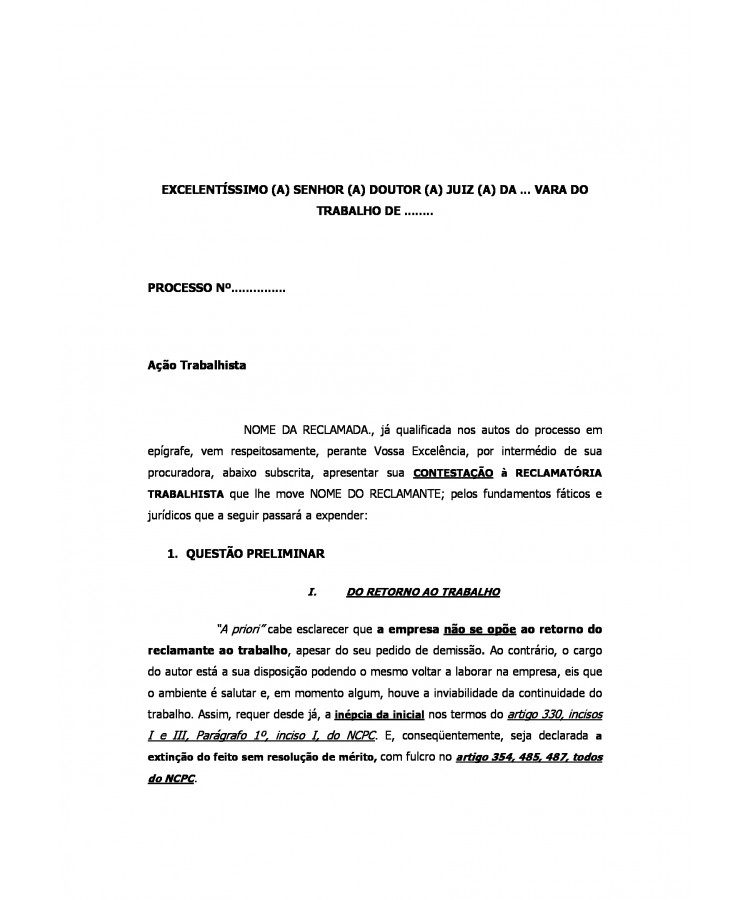 Contestação da Reclamada. Reclamatória Trabalhista. Abandono de emprego.