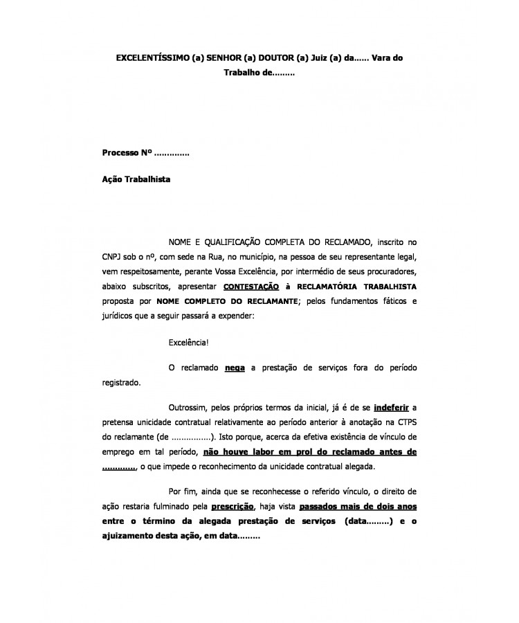 Contestação da Reclamada. Reclamatória Trabalhista. Prescrição.