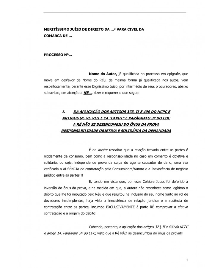 Petição manifestação sobre produção de provas. Consumidor. Cobrança Indevida. Inexistência do Débito. Ausência de Contratação. Nulidade da Cessão de Crédito.