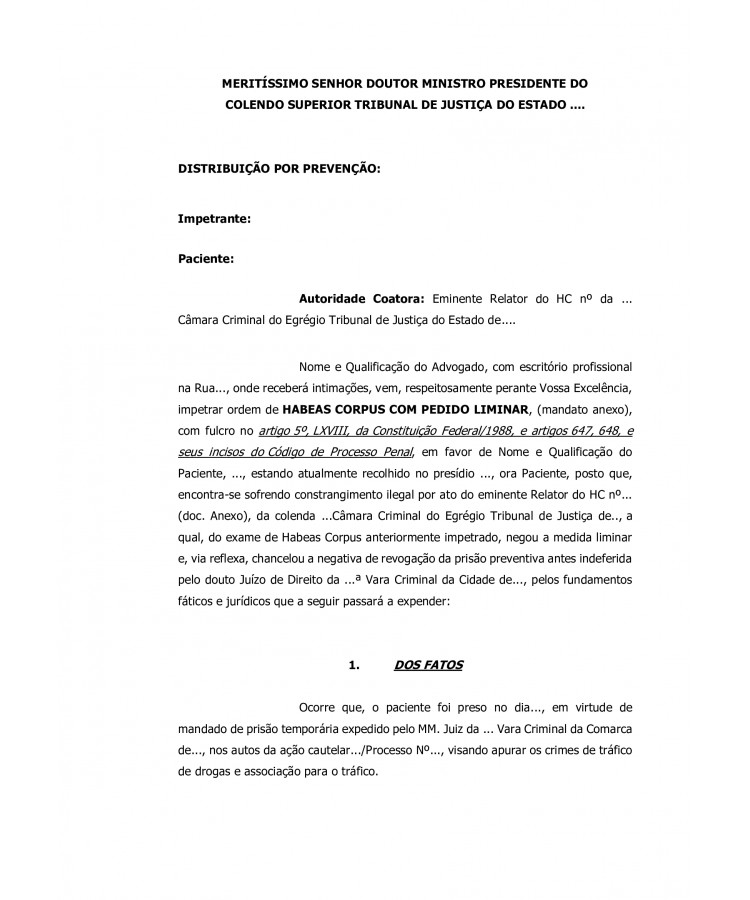 Habeas Corpus. Crime de Tráfico de Drogas.