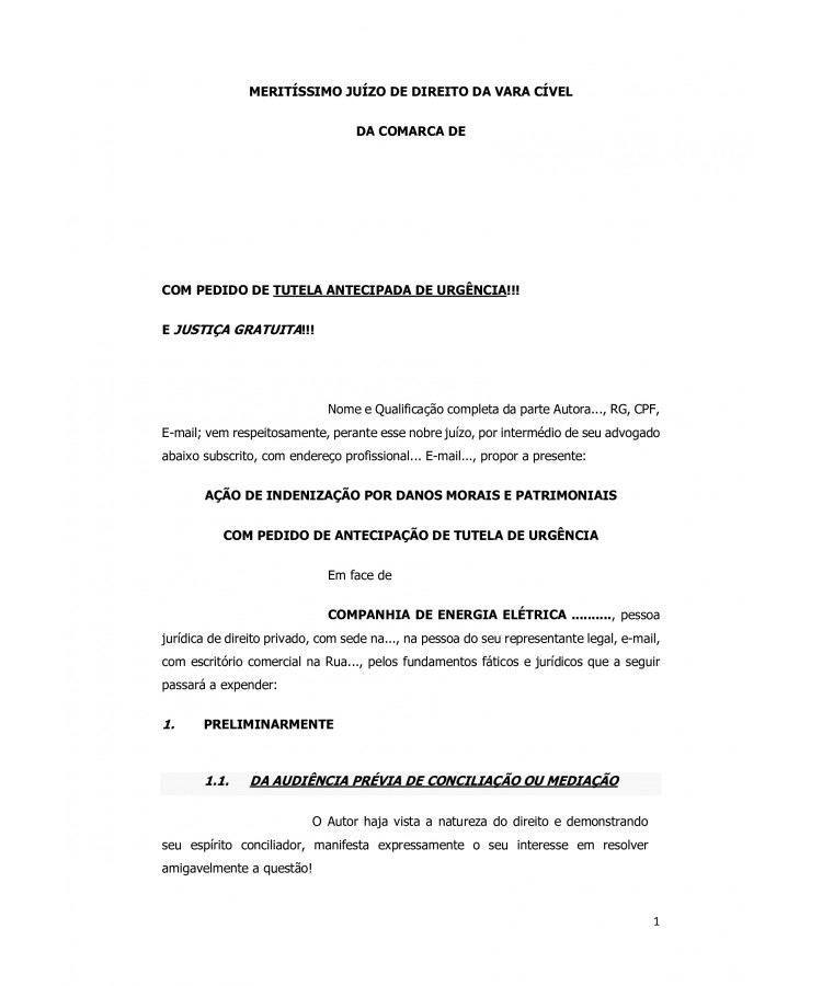 Inicial. Consumidor. Ação de Indenização por Danos Materiais e Morais contra Concessionária de Energia Elétrica. Suspensão dos serviços. Corte Irregular da luz.