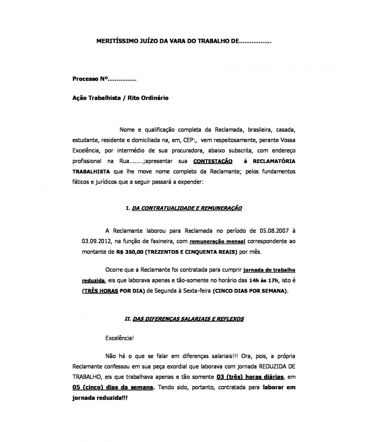 Contestação da Reclamada. Reclamatória Trabalhista. Faxineira.