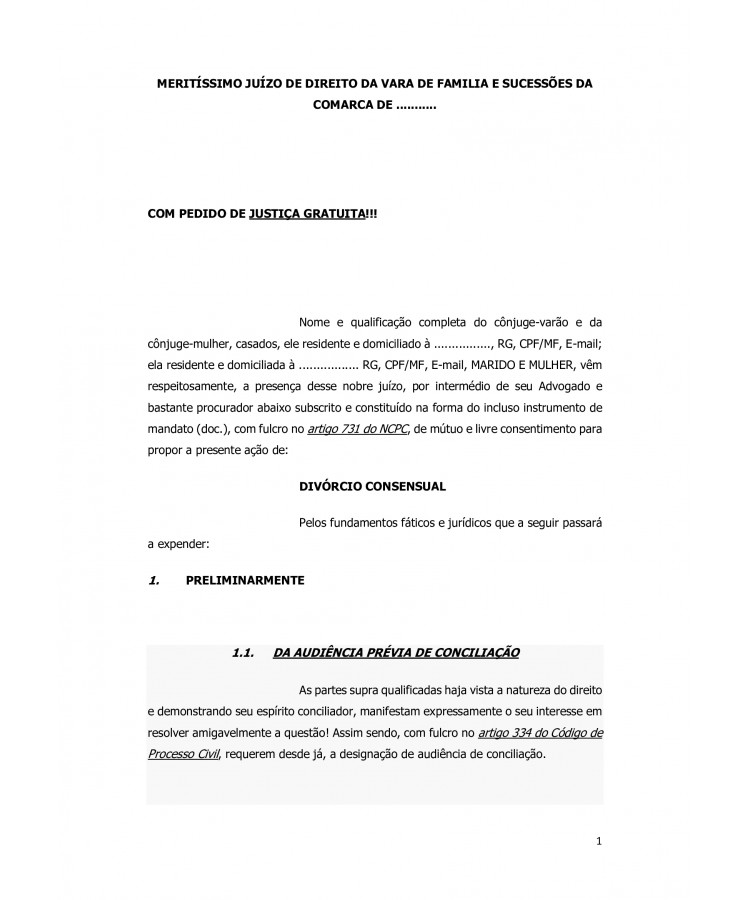 Inicial. Ação Judicial de Divórcio Consensual.