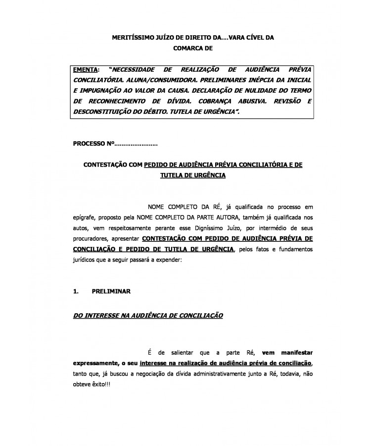 Contestação da Ré. Aluna de curso superior. Consumidora. Cobrança de Mensalidades da Faculdade. Revisão do débito. 