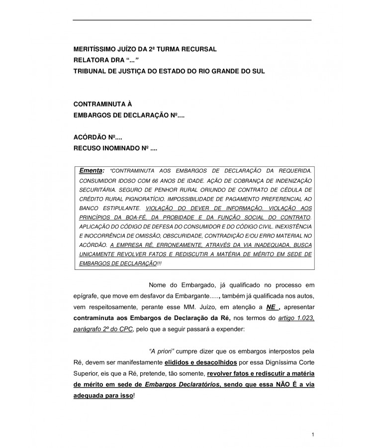 Contraminuta à Embargos de Declaração da Ré a Acórdão. Indenização Securitária