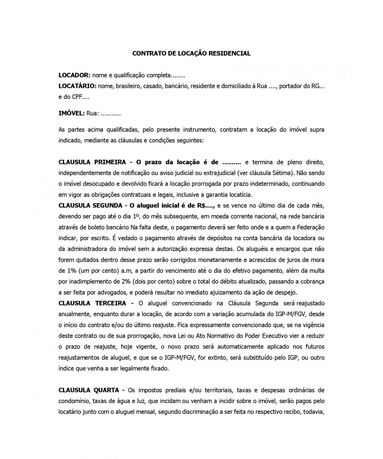 Contrato de  Locação sem fiador
