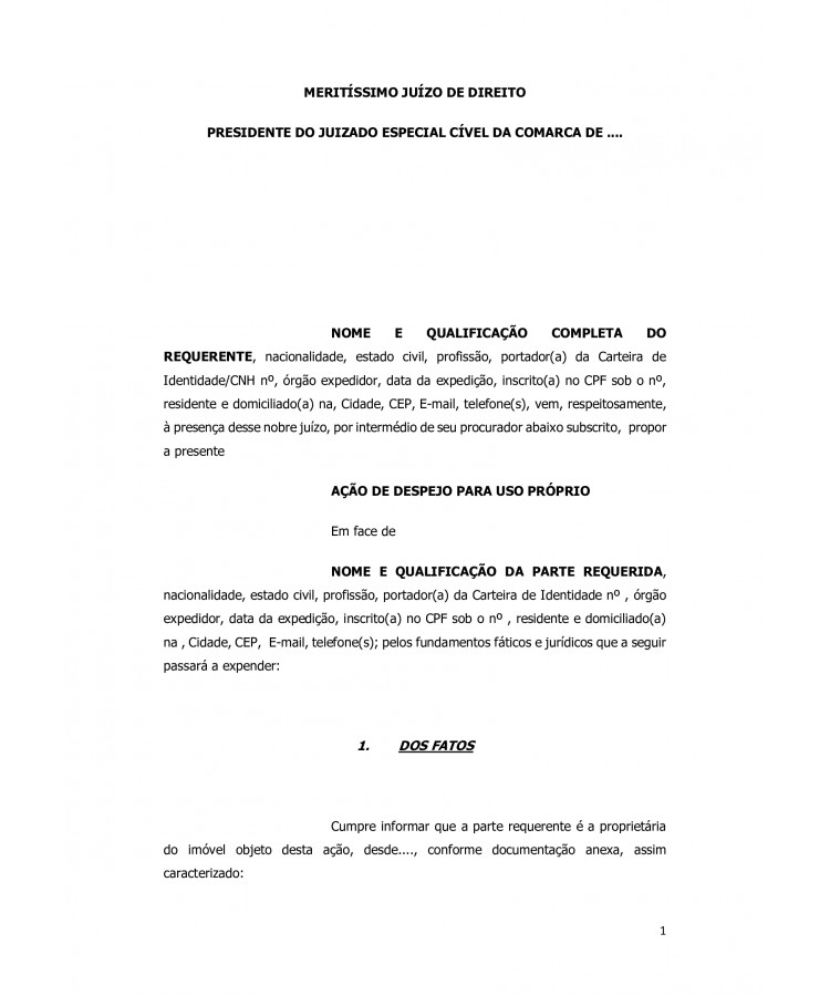Inicial. Ação de Despejo para Uso próprio do Imóvel com tramitação pelo Juizado Especial Cível.