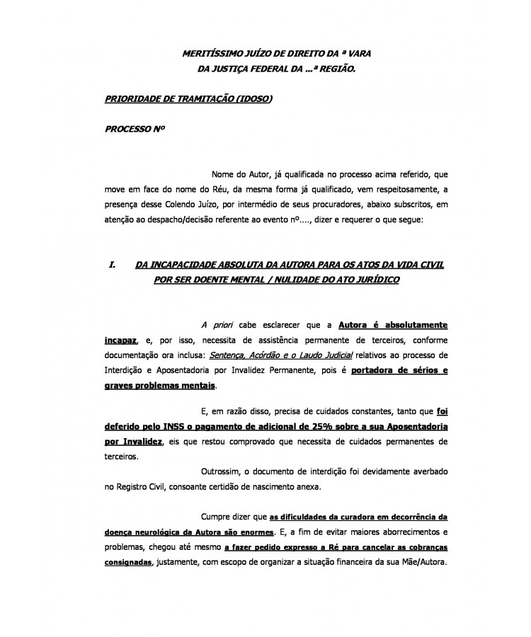 Réplica à Contestação. Consumidor. Nulidade da Contratação. Pessoa Absolutamente Incapaz para os atos da vida civil. Cobranças Indevidas. Nulidade do Negócio Jurídico. Desconstituição do Débito.