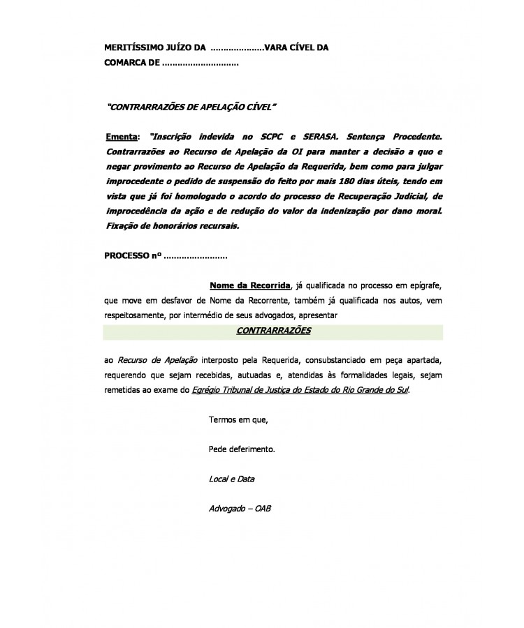 Contrarrazões à Recurso de Apelação Cível. Consumidor.