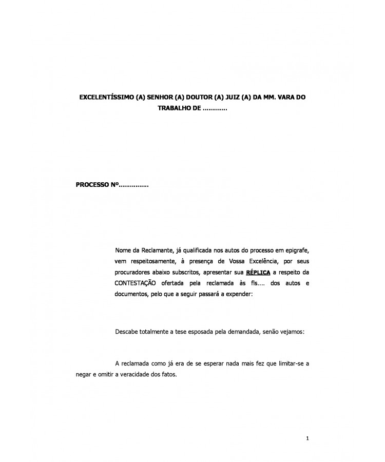 Réplica à Contestação da Reclamada. Reintegração no Emprego. Nulidade da Despedida.