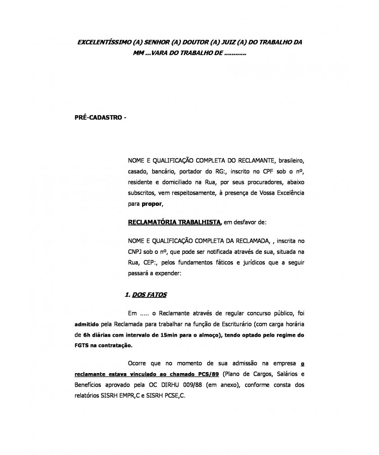 Inicial. Reclamatória Trabalhista. DELTAS.