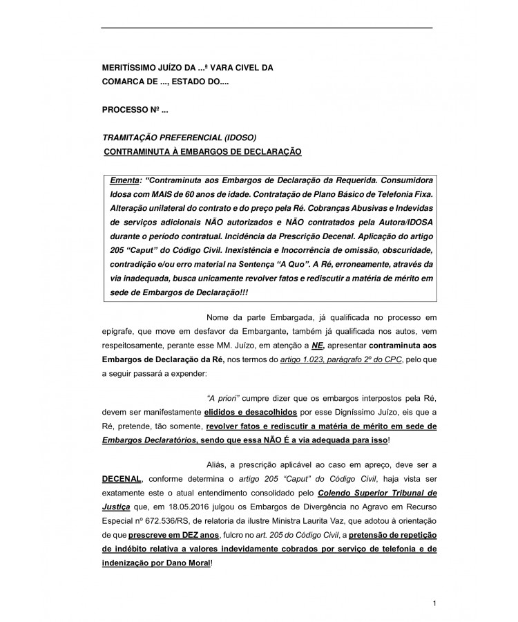 Contraminuta à Embargos de Declaração da Ré. Empresa de Telefonia. Prescrição Decenal. Cobranças Indevidas. Serviços Não contratados.