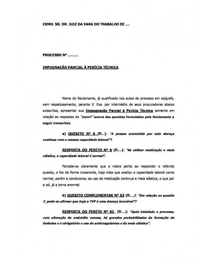 Impugnação à Laudo Pericial. Trombose Venosa Profunda.