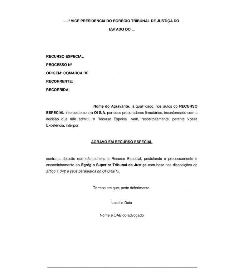 Agravo para o STJ contra decisão que não admitiu Recurso Especial contra empresa de Telefonia. Cobranças Indevidas.