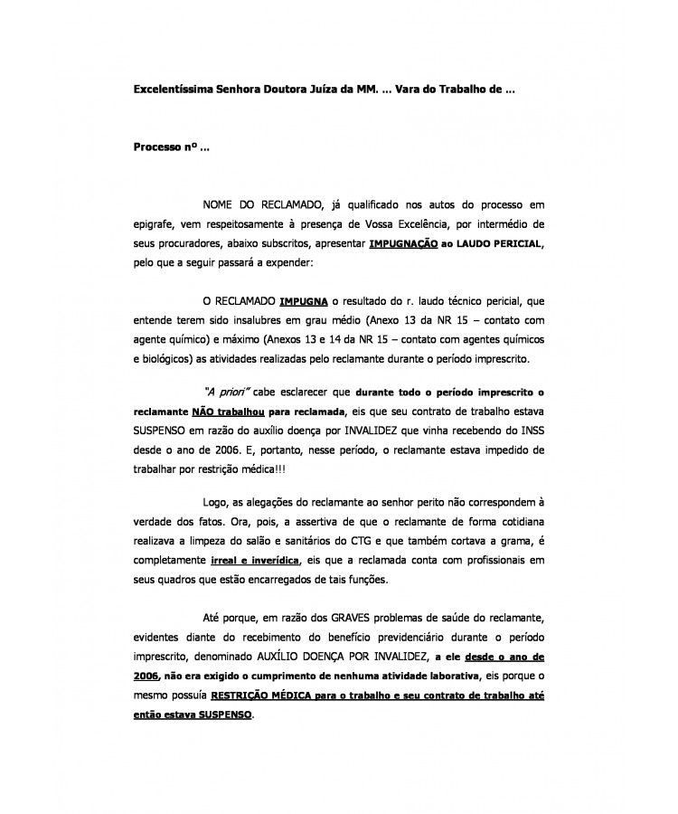 Impugnação da Reclamada ao Laudo Pericial.