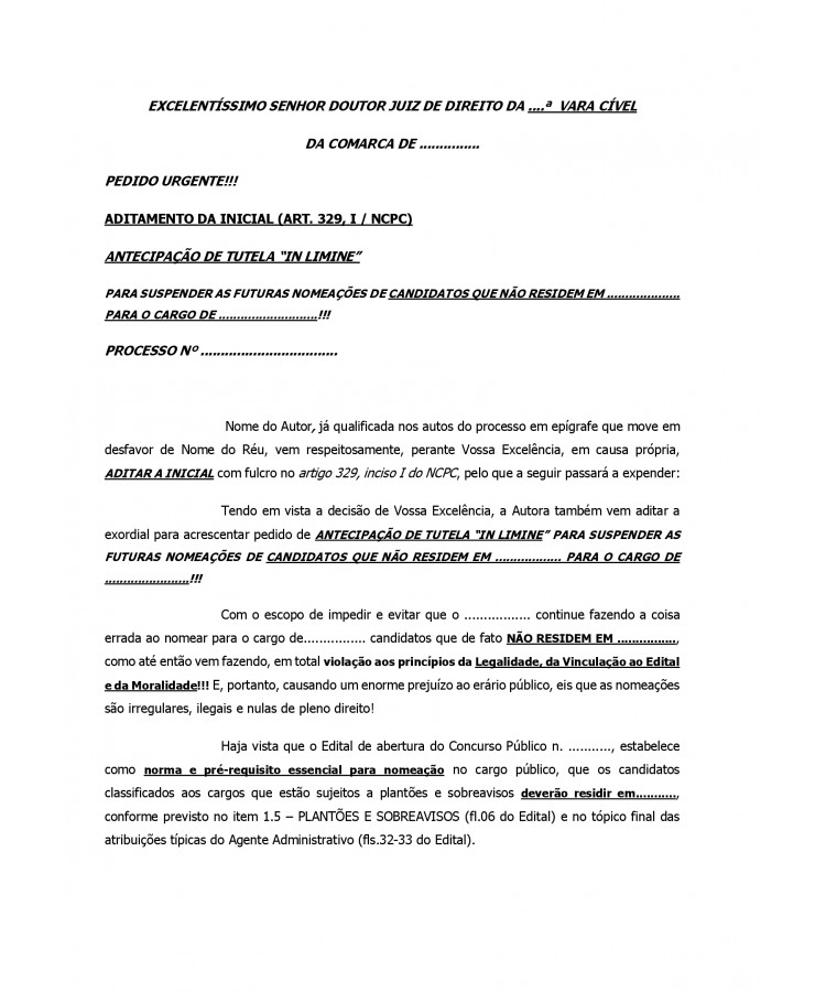 Petição de Aditamento da Inicial para inclusão de pedido de ANTECIPAÇÃO DE TUTELA.