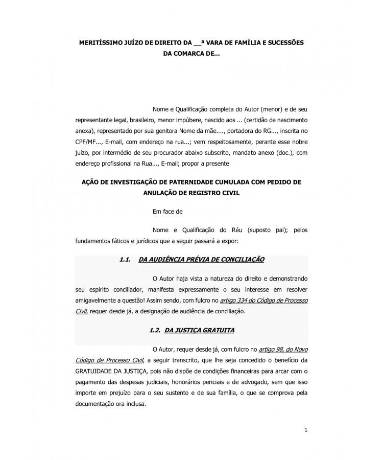 Inicial. Ação de Investigação de Paternidade cumulada com Pedido de Anulação de Registro Civil.