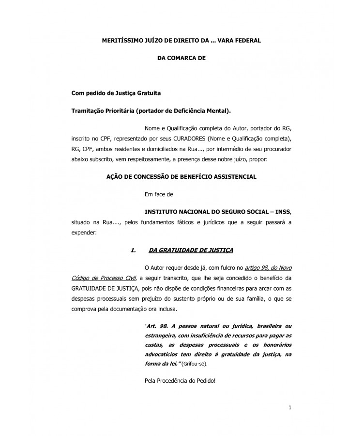Inicial. Ação de Concessão de Benefício Assistencial - LOAS. 