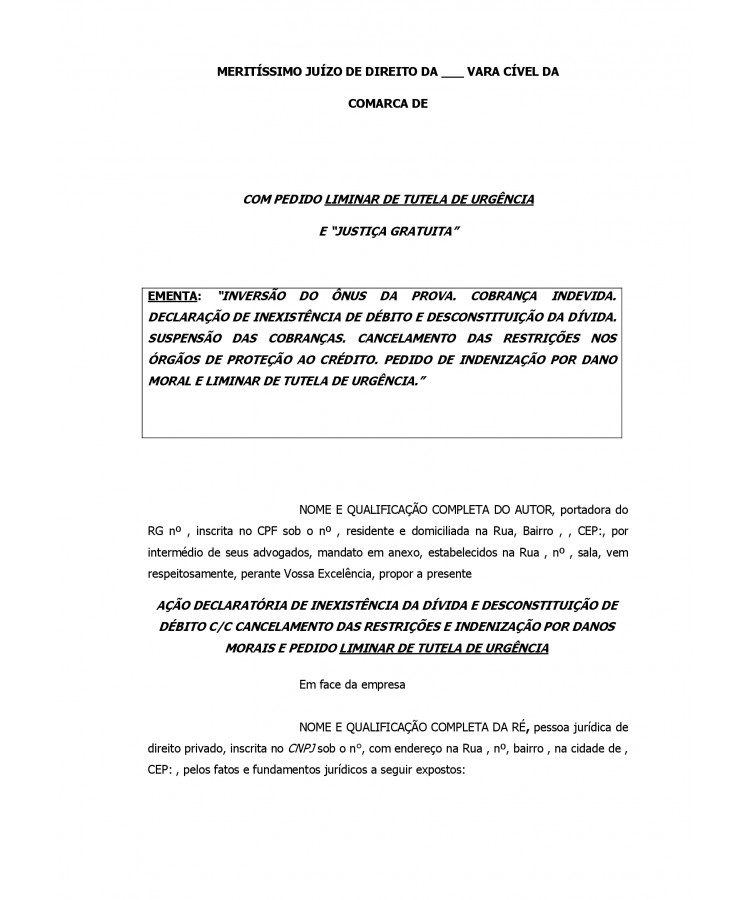Inicial. Ação Declaratória de Inexistência e Desconstituição da Divida c/c Indenização por dano moral. Inscrição Creditícia Indevida. Cessão de Crédito irregular.