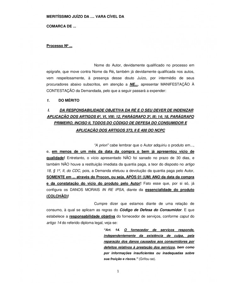 Réplica à Contestação. Consumidor. Colchão. Vício do Produto. Dano Moral.